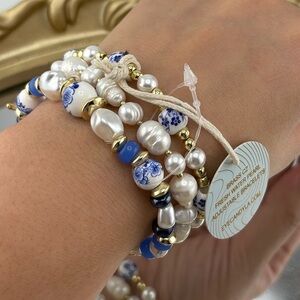 Blue & White Pearl Beaded Bracelet Set